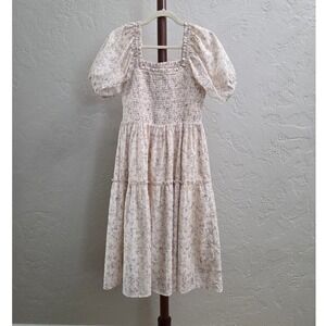 D116. Floral Smocked Midi Dress Puff Sleeve Eyelet Detail